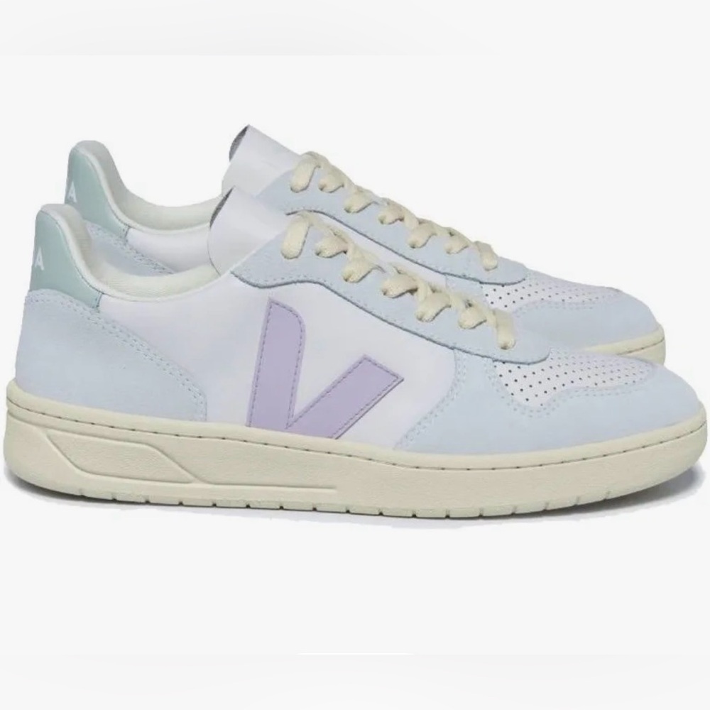 Veja Leather Sneakers in White, Lavender V and Pale Blue